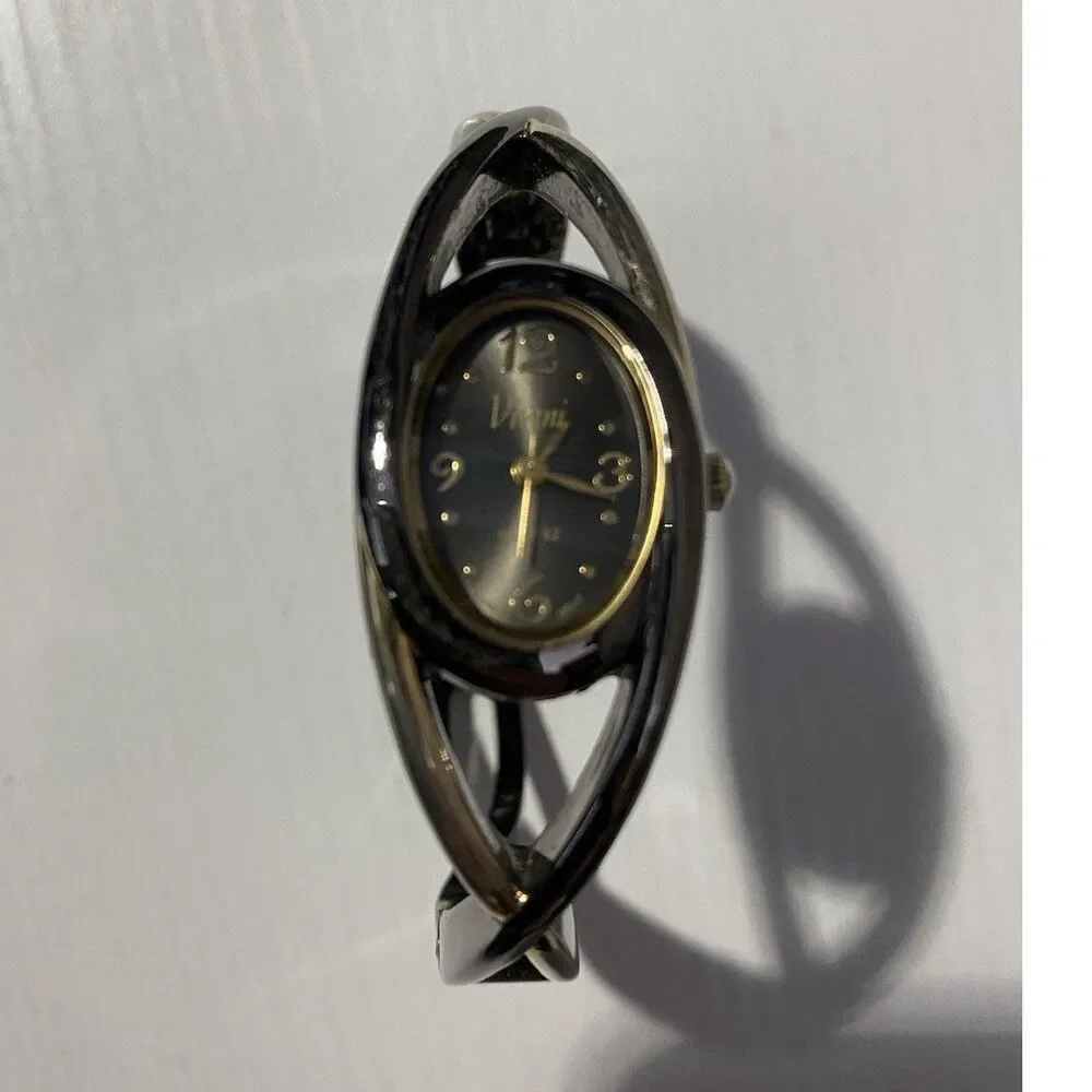 Vivani Womens Open Cuff Bangle Watch Gunmetal Two Tone Black Oval Dial